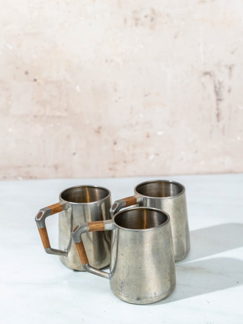 Vintage Pewter cups with Wood Inlay Handles